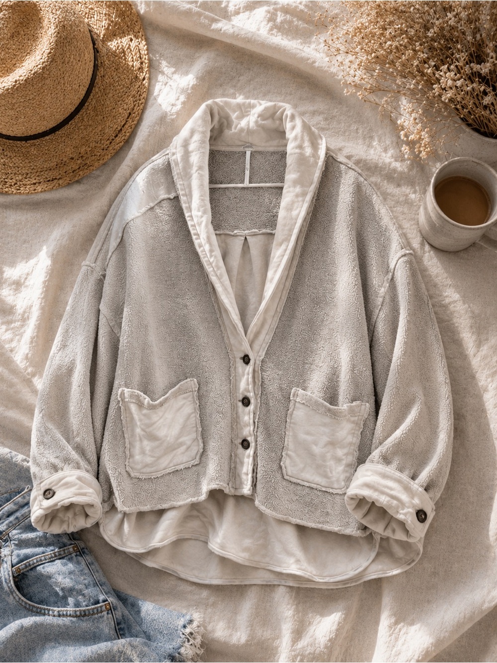 Free People Jordan Jacket XS Beige Washed Muslin Oversized Fleece Shacket Boho